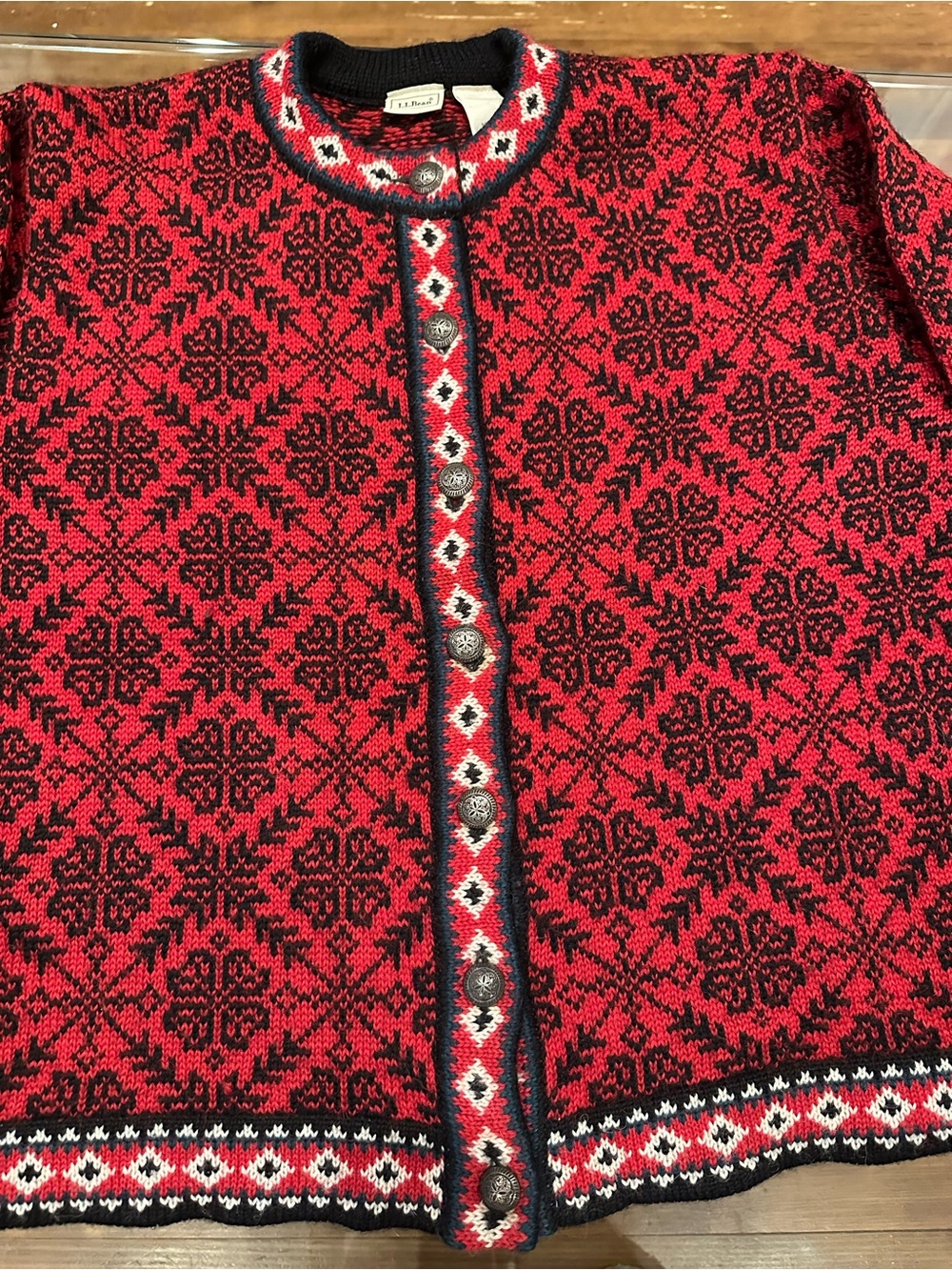 Vintage Wool L.L. Bean Red and Black Nordic-Patterned Women's Cardigan